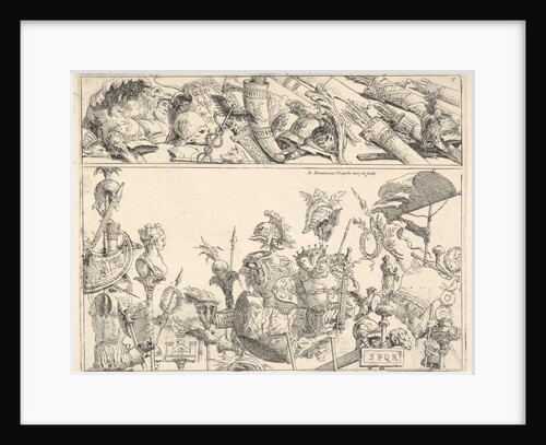 Roman arms, standards, and trophies, a composition divided into two horizontal bands, 1774 by Giovanni Battista Tiepolo