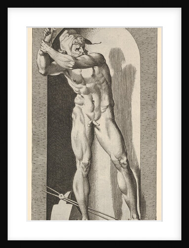 Plate 19: Vulcan standing in a niche swinging a hammer, with an anvil, hammer, and tongs a…, 1526 by Giovanni Jacopo Caraglio