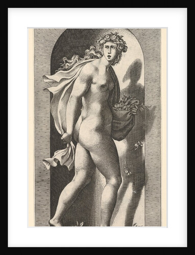 Plate 8: Prosperpina, standing in a niche, turning to the right while holding mantle in bo…, 1526 by Giovanni Jacopo Caraglio