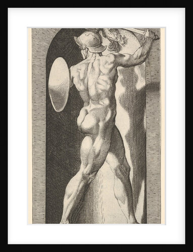 Plate 9: Mars in a niche, holding a sword above his head with his right arm, and a shield …, 1526 by Giovanni Jacopo Caraglio