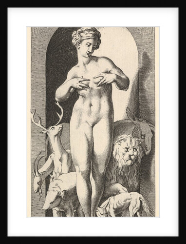 Plate 2: Ops standing in a niche with her hands at her breasts, looking to her left, with …, 1526 by Giovanni Jacopo Caraglio