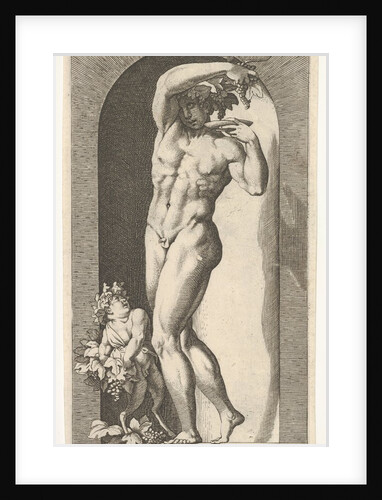 Plate 17: Bacchus standing in a niche, holding grapes over a plate, accompanied by an infa…, 1526 by Giovanni Jacopo Caraglio