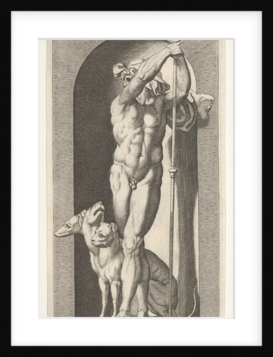 Plate 7: Pluto in a niche, holding a bident, with Cerberus next to him, from a series of m…, 1526 by Giovanni Jacopo Caraglio