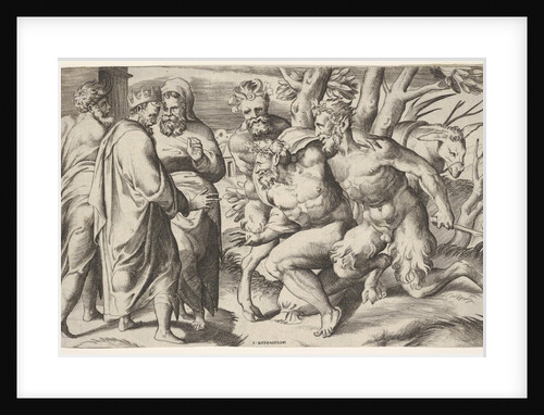 Two satyrs leading Silenus to King Midas, who stands at left with two male attendan…, ca. 1550-80 by Giulio Bonasone