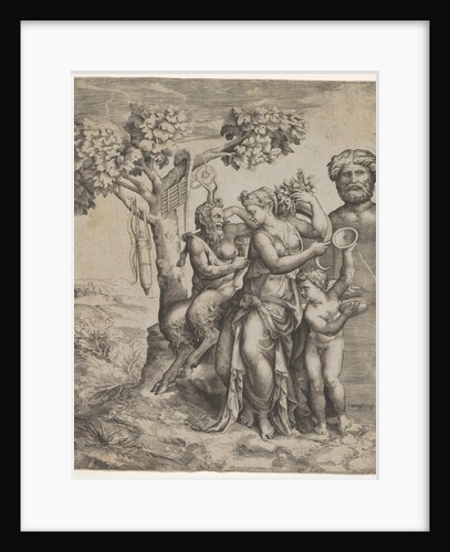 Pan seated near a female figure holding a cornucopia, at right …, ca. 1550-60 by Giulio Bonasone