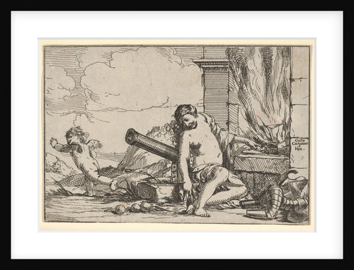 Fire, represented by Venus seated before Vulcan's forge, with armor, a cannon, and cann…, 1640-60 by Giulio Carpioni