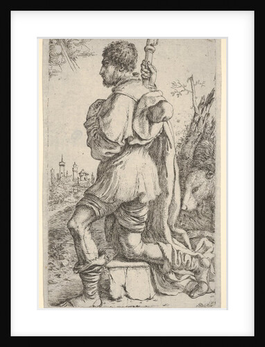 Saint Roch, kneeling on a stone, seen from the side with his dog behind him and a towns…, 1620-30 by Giuseppe Caletti