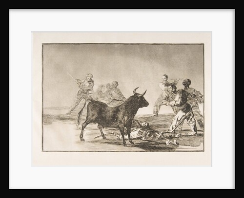 Plate 12 from the 'Tauromaquia': The crowd hamstrings the bull with lances, sickles, bande…, 1816 by Francisco Goya