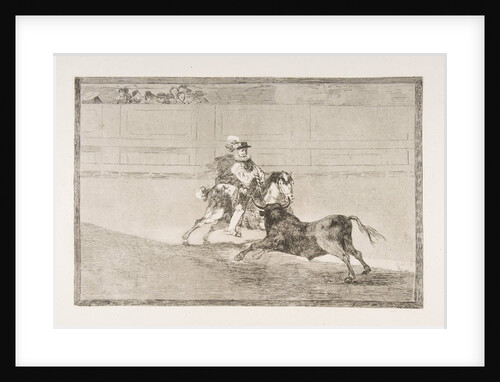 Plate 13 of the 'Tauromaquia': A Spanish mounted knight in the ring breaking short spears …, 1816 by Francisco Goya