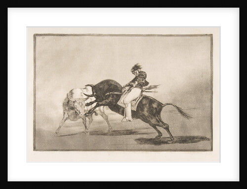 Plate 24 of the 'Tauromaquia': The same Ceballos mounted on another bull breaks short spea…, 1816 by Francisco Goya