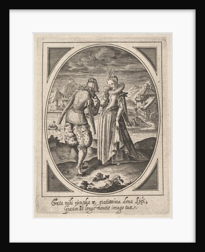 A man steps toward a woman who holds a goblet to her mouth, a watermill and mount…, ca. 1585-1621 by Heinrich Ulrich