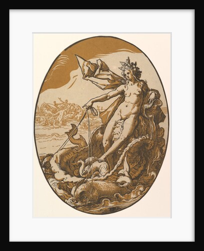 Tethys reclining in a giant shell chariot pulled by two sea creatures, 1588-90 by Hendrik Goltzius