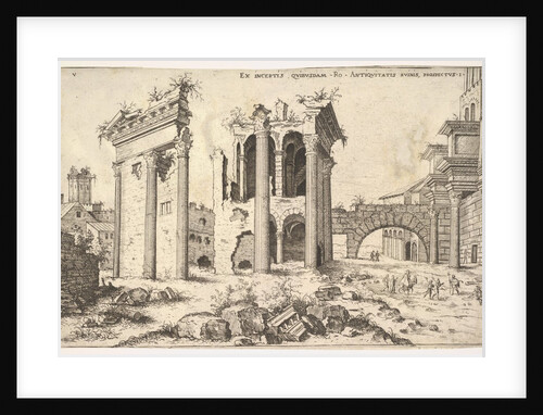 View of unidentified ruins with trabeated facade at left, arcades at center, and arch at r…, 1551 by Hieronymus Cock
