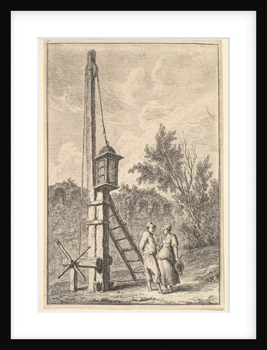 Plate 9: The Pulley: a man and a woman conversing to right, a lantern hung on a pos…, ca. 1763-64 by Hubert Robert