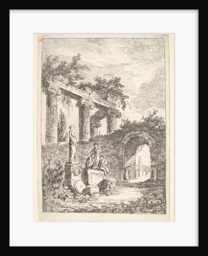 Plate 3: The Statue Before the Ruins: a statue to left next to three figures on a p…, ca. 1763-64 by Hubert Robert