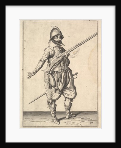A soldier on guard freeing his right hand, from the Marksmen series, plate 37, in Wapenhandeli… by Unknown