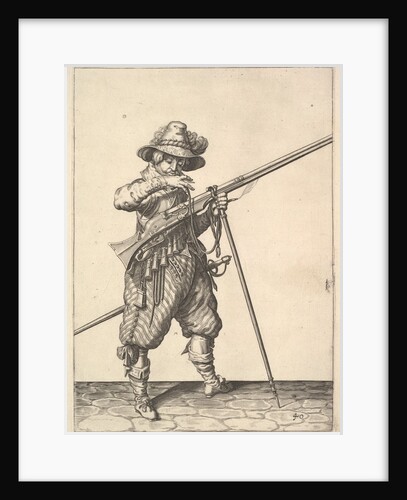 A soldier blowing on a match, from the Musketeers series, plate 40, in Wapenhandelinghe van Ro… by Unknown
