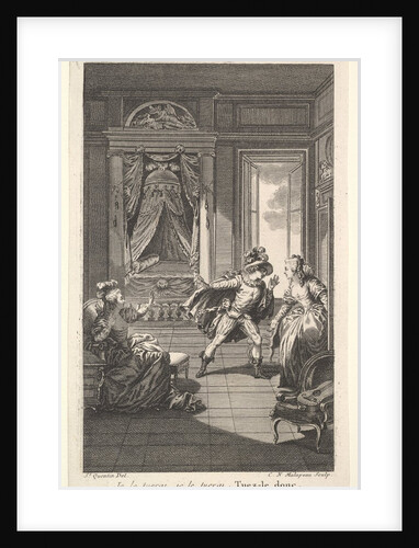 A man leans toward a woman standing in a doorway at right, at left a seated woman rais…, ca. 1784 by Claude Nicolas Malapeau