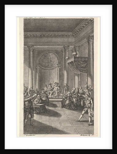 A man seated in a chair on a stepped platform holds an audience, two pointing men stan…, ca. 1784 by Claude Nicolas Malapeau