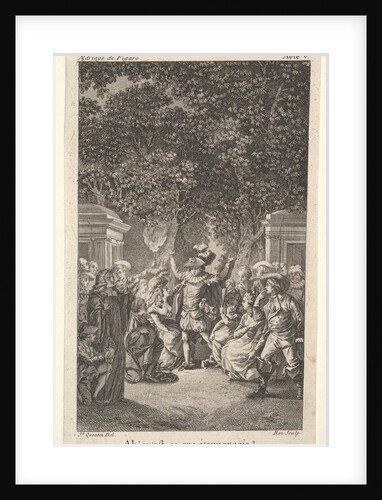 A young boy holds a torch under trees in a garden, at center a man raises both arms, s…, ca. 1784 by Claude Nicolas Malapeau