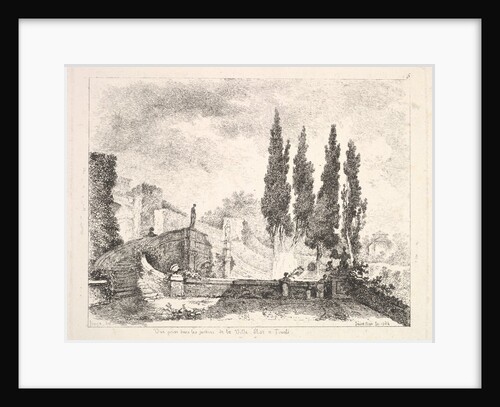 View of the gardens at the Villa d'Este in Tivoli, cyprus trees to right, a staircase lead…, 1764 by Jean Claude Richard Saint-Non