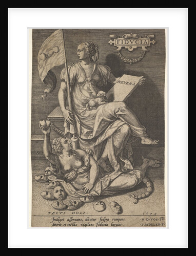 Fiducia, a seated woman holds a book and banner while turning her head away from a bare-br…, 1579 by Johann Sadeler I