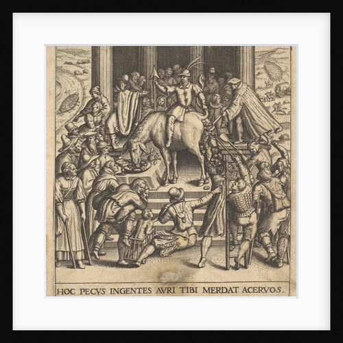 Men collecting dung dropping from the hindquarters of a mule, with a rider sitting ba…, 1592-1614 by Johann Theodor de Bry