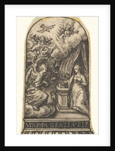 Annunciation, Mary kneels at a lectern as Gabriel approaches on a cloud from the …, ca. 1580-1600 by Johann Theodor de Bry