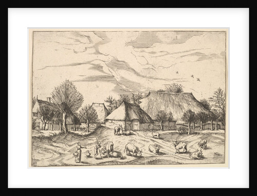 Farms, cattle with herdsmen and milkmaids in the foreground from Multifariarum casularu…, 1559-61 by Johannes van Doetecum I