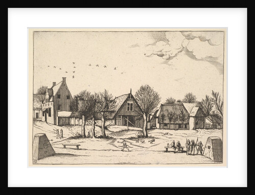 Country Village, archers in the foreground from Multifariarum casularum ruriumque linea…, 1559-61 by Johannes van Doetecum I