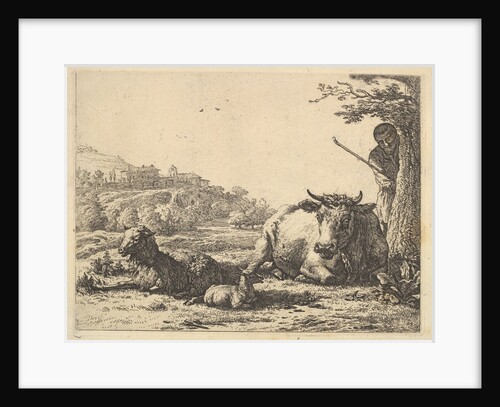 Cow, adult sheep, and young sheep lying in the grass; beyond, a shepherd stands partially …, 1656 by Karel Du Jardin