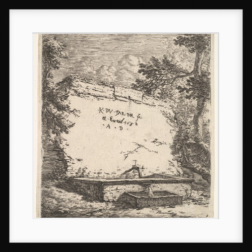 Frontispiece with stepped fountain; a stone wall with water spout pouring water into a rec…, 1652 by Karel Du Jardin