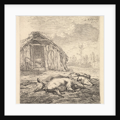 Three pigs lying on their sides, a pigsty and trough beyond, 1652 by Karel Du Jardin