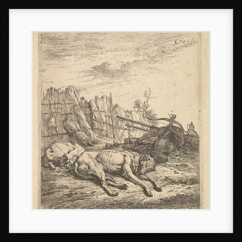 Two dogs sleeping on the ground; a plough, farm equipment, bunches of straw, and a …, ca. 1641-78 by Karel Du Jardin