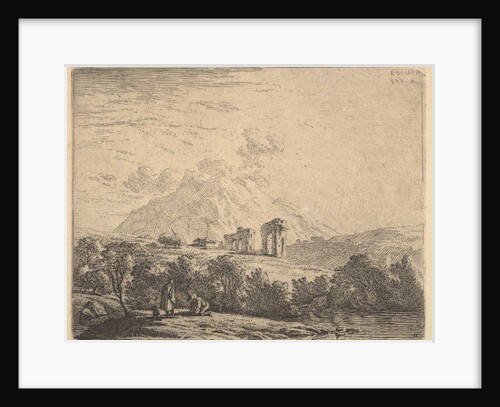 View of hillside with ruins and mountain crag beyond, in the foreground a m…, 1658 by Karel Du Jardin