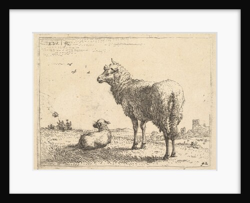 A mature sheep in three-quarters view standing and looking left, beside it a lamb lies…, ca. 1655 by Karel Du Jardin