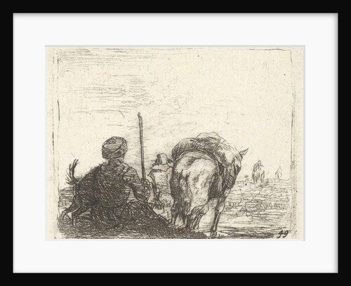 Pack-horse, seated man with staff in right hand, and dog, all viewed from the rear…, ca. 1641-78 by Karel Du Jardin