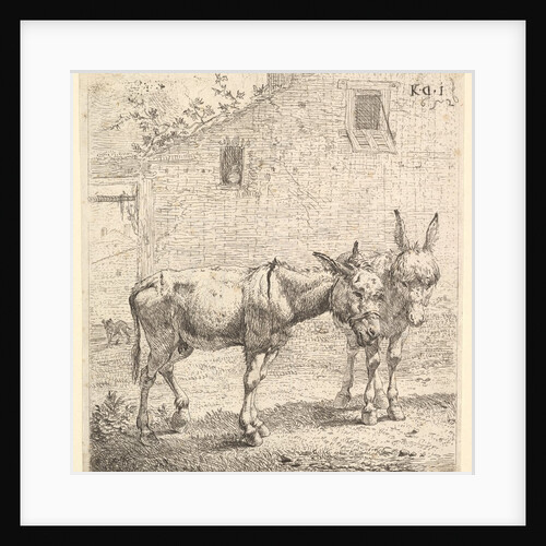 Two donkeys standing in a grassy yard, one in profile view facing right and another behind…, 1652 by Karel Du Jardin