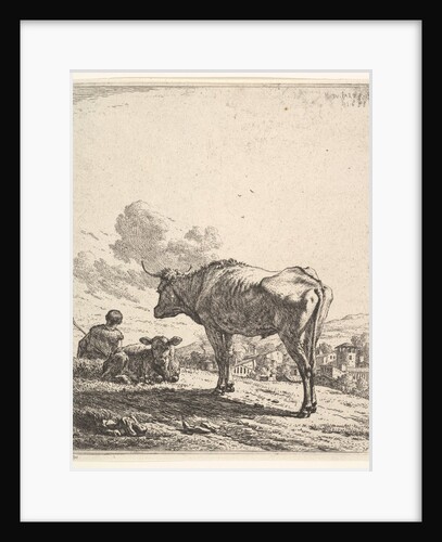 Cowherd with cow and calf on a hillside, the cowherd viewed from behind and seated in the …, 1658 by Karel Du Jardin