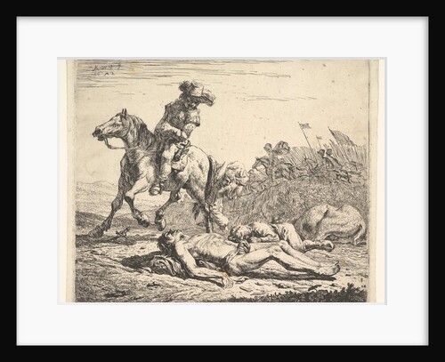 Battlefield with horseman looking over his left shoulder toward stripped corpse on the gro…, 1652 by Karel Du Jardin