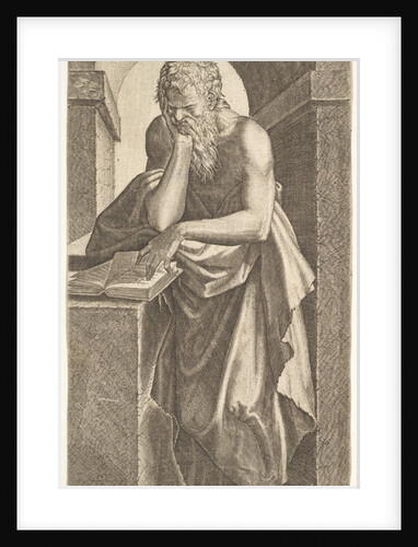 St. Simon standing before an open book with the fingers of his left hand pressed onto the …, 1545 by Lambert Suavius