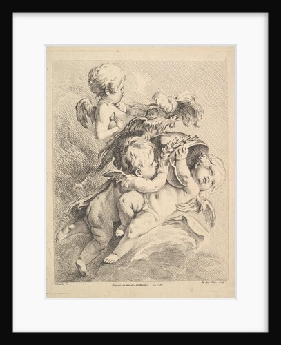 Three Cupids Holding a Helmet by Louis Felix de la Rue