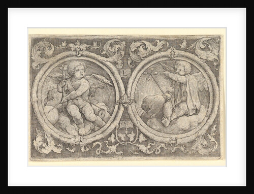 Two Putti Seated in Clouds in Circles with Tendrils, 1517 by Lucas van Leyden