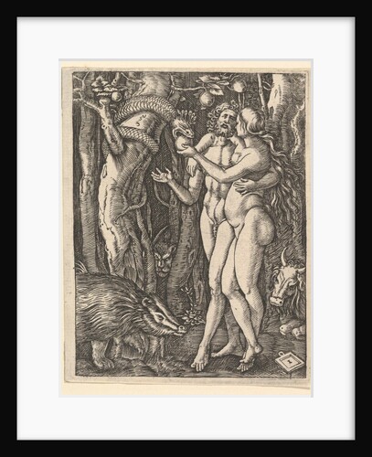 Adam and Eve with apple and serpent, ca. 1500-1534 by Marcantonio Raimondi