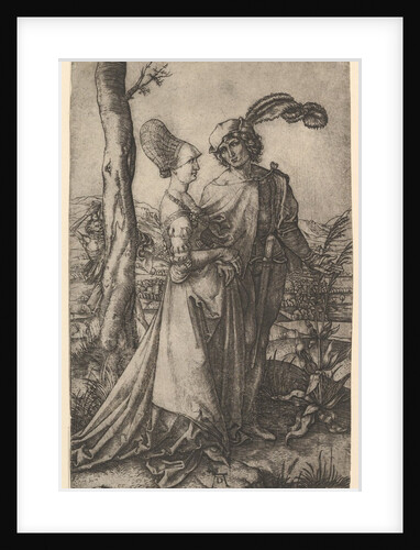 Lord and lady walking with figure of death hiding behind a tree, holding an hourg…, ca. 1500-1534 by Marcantonio Raimondi