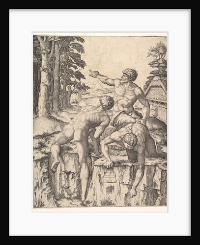The Climbers: three naked men, one seen from behind climbing onto a river-bank, soldiers e…, 1510 by Marcantonio Raimondi