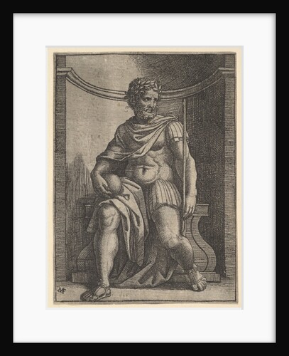 A Roman emperor sitting in a niche holding a globe and sceptre and looking to his…, ca. 1500-1534 by Marcantonio Raimondi