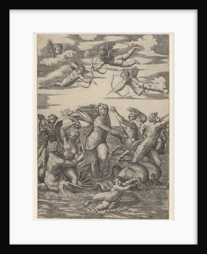 Galatea standing in a water-chariot pulled by two dolphins, surrounded by tritons, nere…, 1515-16 by Marcantonio Raimondi
