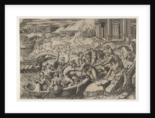 The abduction of Helen; battle scene on a shore with two men pulling Helen into a b…, ca. 1520-27 by Marcantonio Raimondi