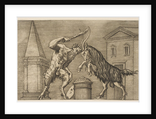 A satyr and a ram attacking each other, the satyr wielding a club with his right ha…, ca. 1515-27 by Marco Dente
